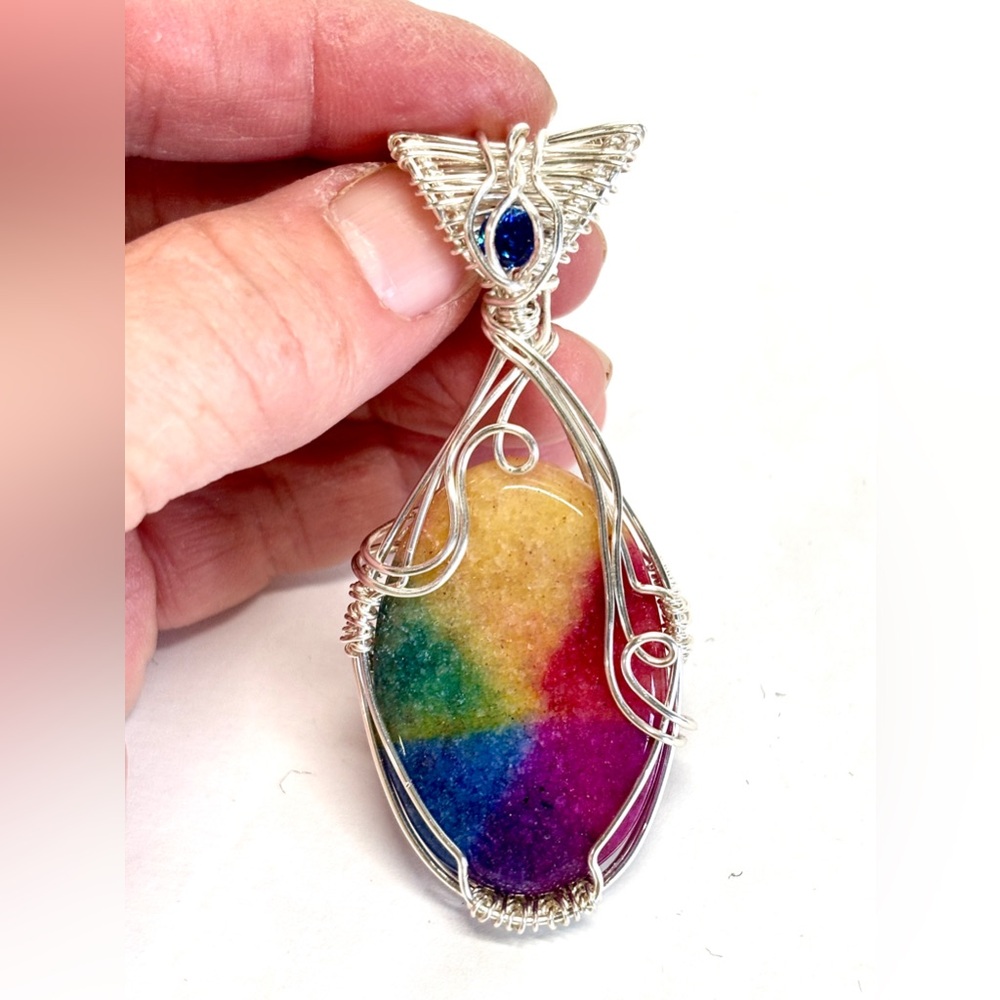 HANDMADE Dyed Solar Quartz CZ Hand Wrapped Silver Plated Copper Colorful Pendant